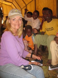 Sharon Daly helping with shoe distribution. 